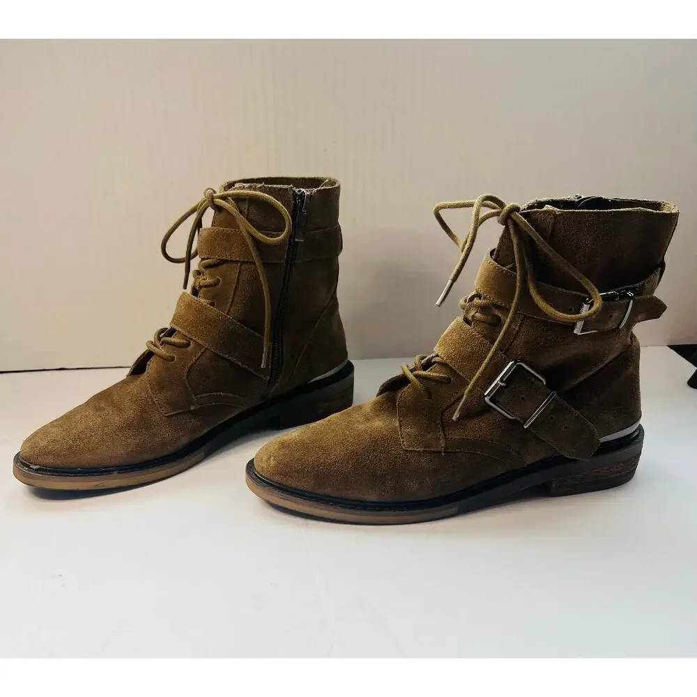 Vince Camuto Brown Suede Leather Combat Moto Tokode Zip Up Ankle Boots Sz 8‎